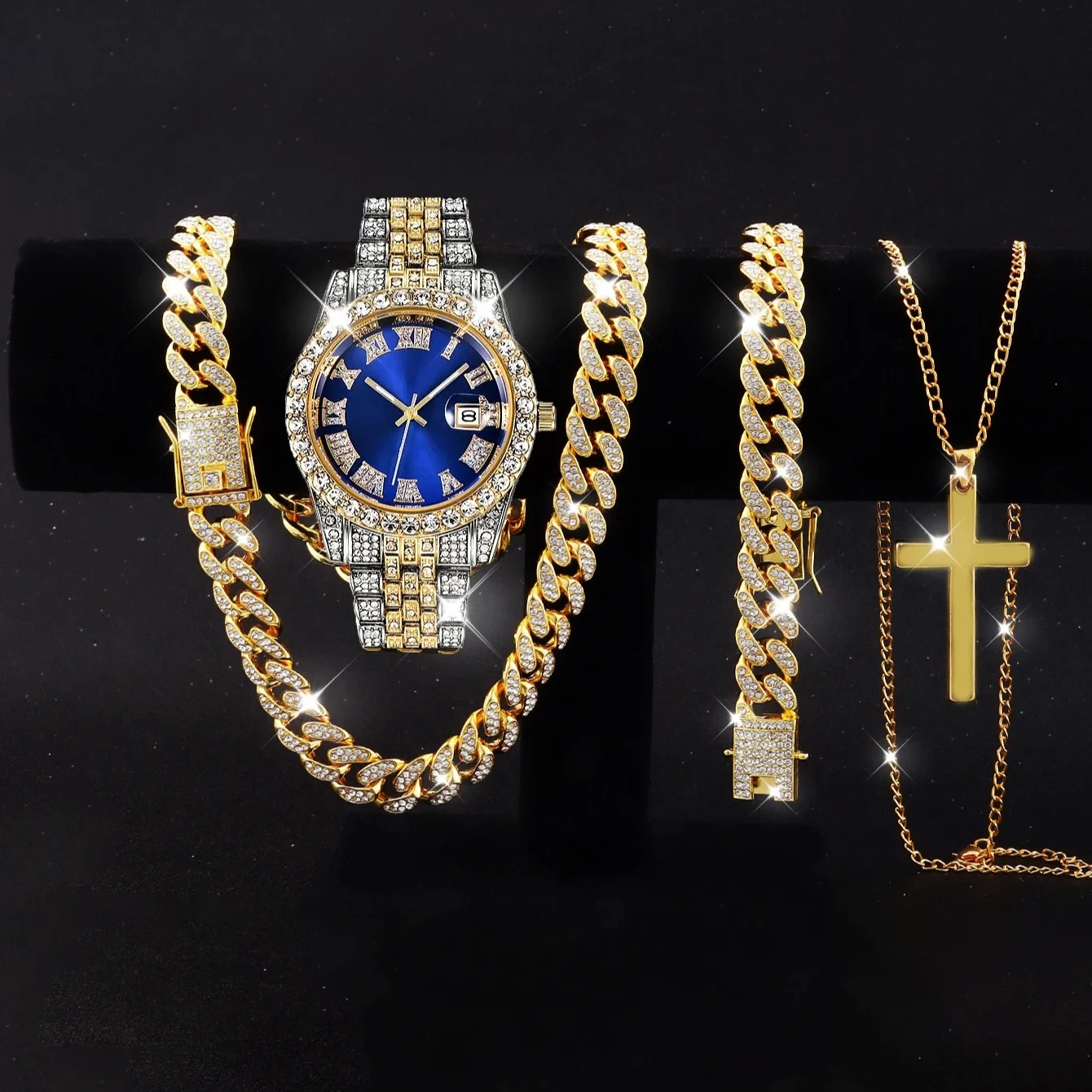 4PCS Luxury Rhinestone Men Calendar Quartz Watch Hip Hop Necklaces Bracelet Set Fashion Stainless Steel Band Mens Wristwatch view 3