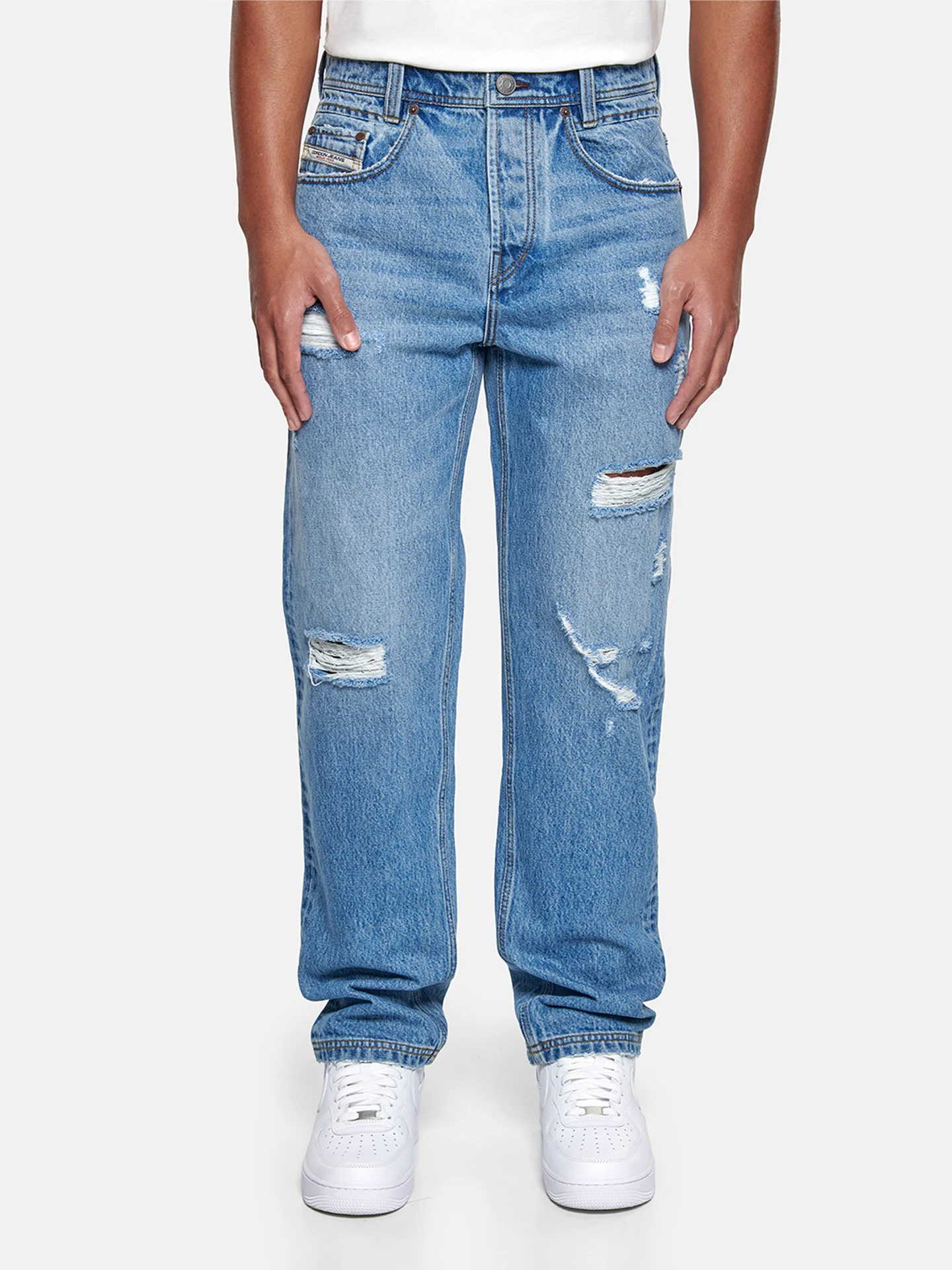 

Cotton Denim Jeans Men's High Waist Loose Fit Waed out Heavyweight Autumn Winter Hole Punching Sle Comfortable Breathable