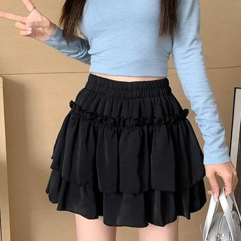 Jupe trapèze plissée de Style doux, décontractée, élégante, coupe basique, à volants, taille haute, jupe à plusieurs niveaux polyvalente, Date de nuit