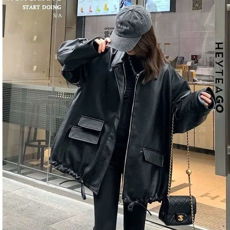 Black PU Leather Jacket Women's Casual Style Hong Kong Fashion Synthetic Leather Coat New Autumn 2026 Model Female Topwear
