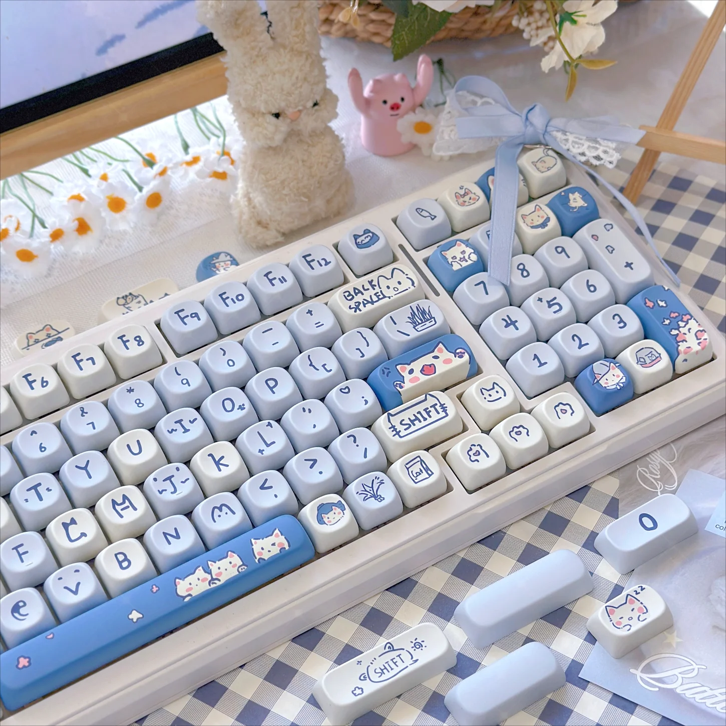 Cute Blue  KEYCAP SET 114 Key MOA Cat Keycap HI75 HI8 HI8 68 F99 104 64 Mechanical Keyboard