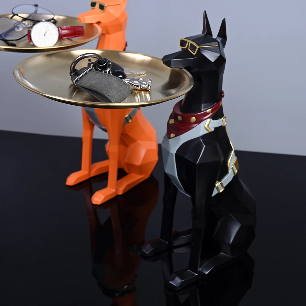 Doberman Pinscher Resin Dog Sculpture Butler with Metal Tray Craft Ornament Decor Art Animal Figurines Decorative Home Decor