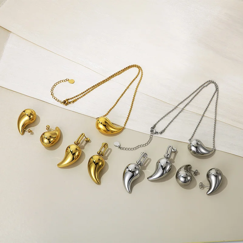 

2pcs/set Elegant Stainless Steel Hollow Water Drop Comma Earrings Necklace for Women Girl Simple Light Luxury Jewelry Set Female