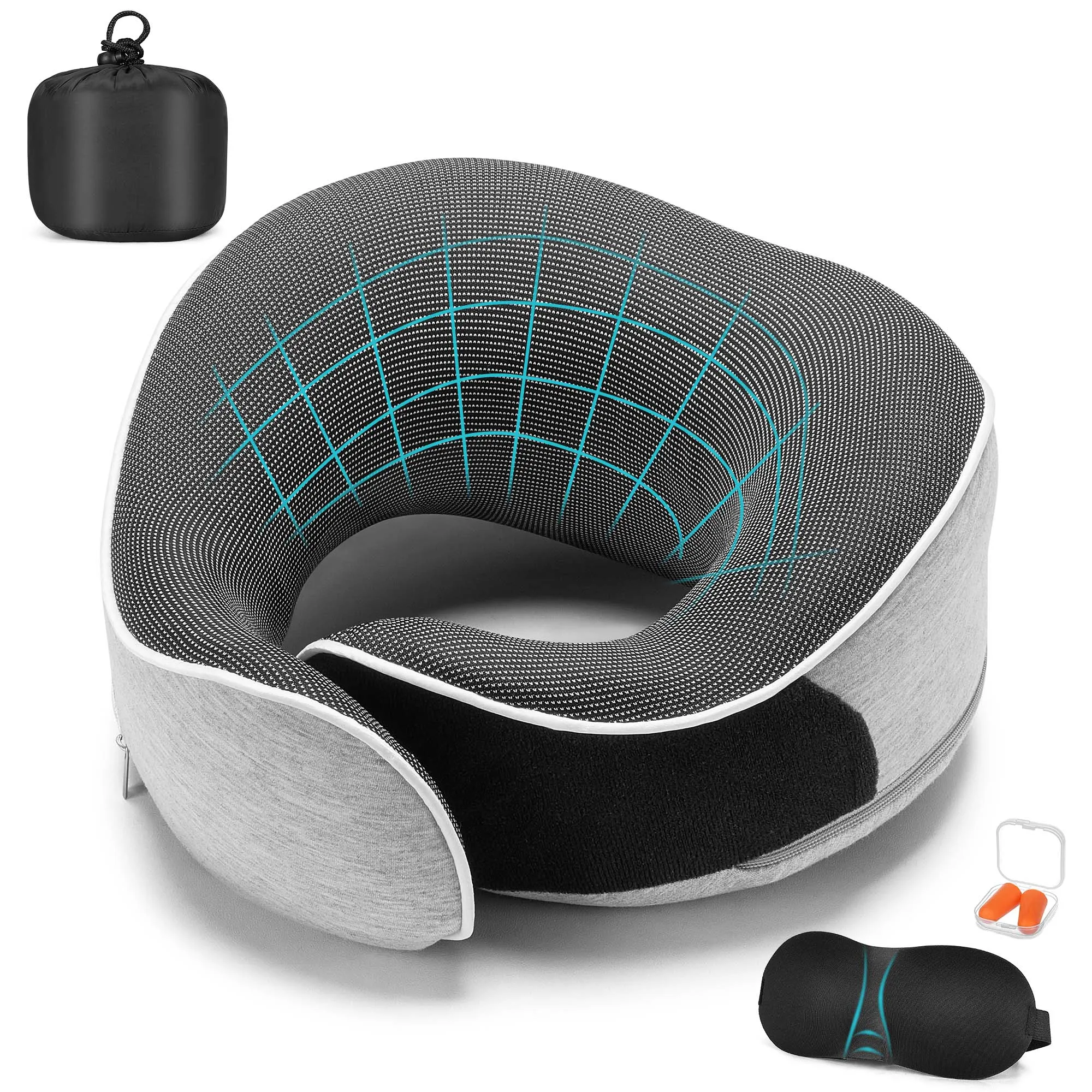 Almohadas de viaje para el cuello para aviones, elementos esenciales para dormir para vuelos de larga distancia, 360 ° Kit de soporte para cabeza, automóvil y avión