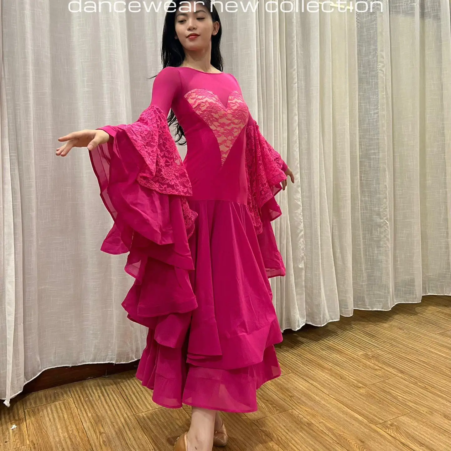 Ballroom Dance Costume 2026 Women Waltz Dance Performance Dresses Rose Red Lace Long Dress Tango Dance Competition Wear BL19934
