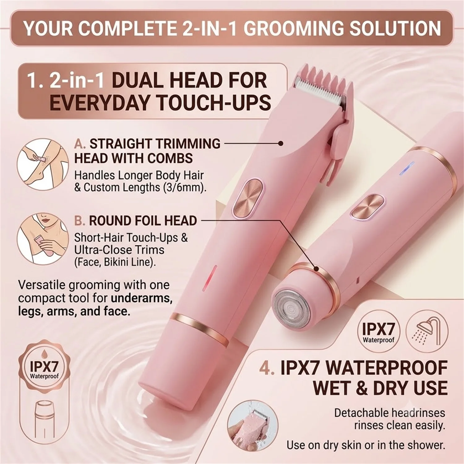 Woman Hair Trimmer Electric Razor,Dual-Head 2 IN 1 Design,Female Shaver For Underarm Arm Leg Bikini Groin Hair Groomer Epilators