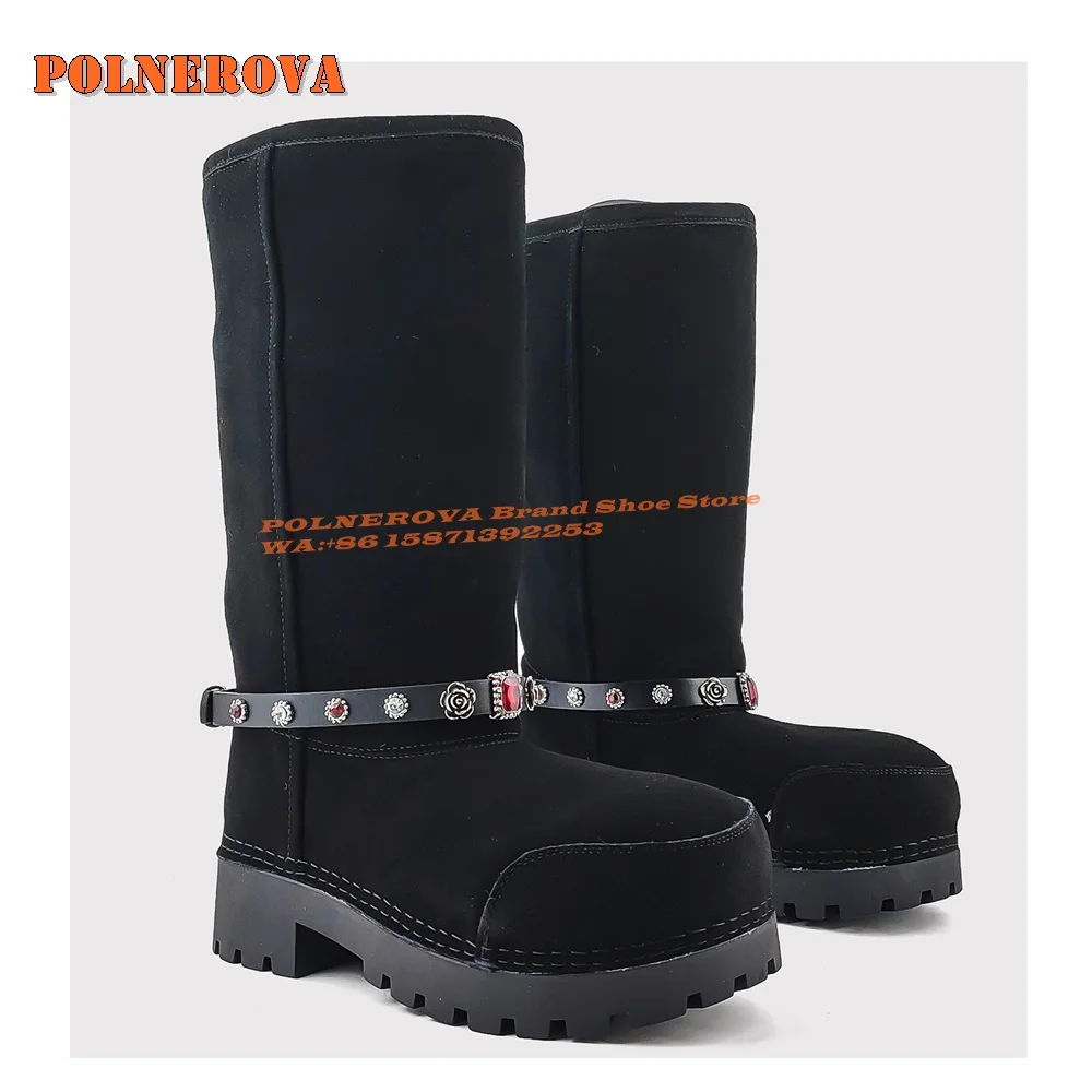 Gemstone Chain Decoration Black Fur Snow Boots Round Toe Chunky Heel Pull On Retro Warm 2024 Winter Knee High Boots Runway Show