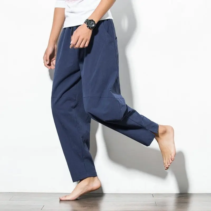 Men's Summer New Chinese Style Vintage Solid Elastic Waist Drawstring Pocket Loose Straight Casual Linen Breathable Harlan Pants