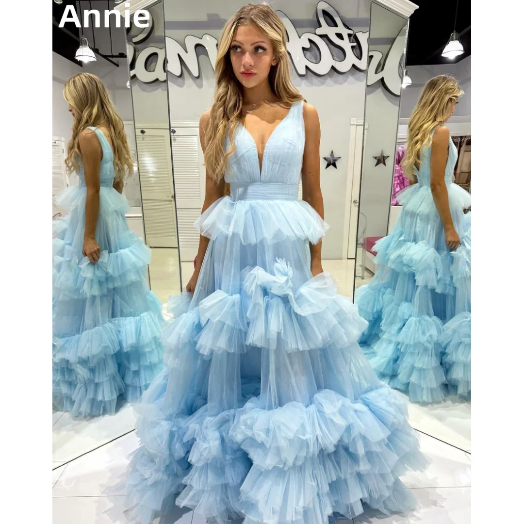 Annie Light Blue Prom Dresses Handmade Tulle Layering Princess Evening Dresses Formal Occasions Wedding Party Dress فساتين سهرة