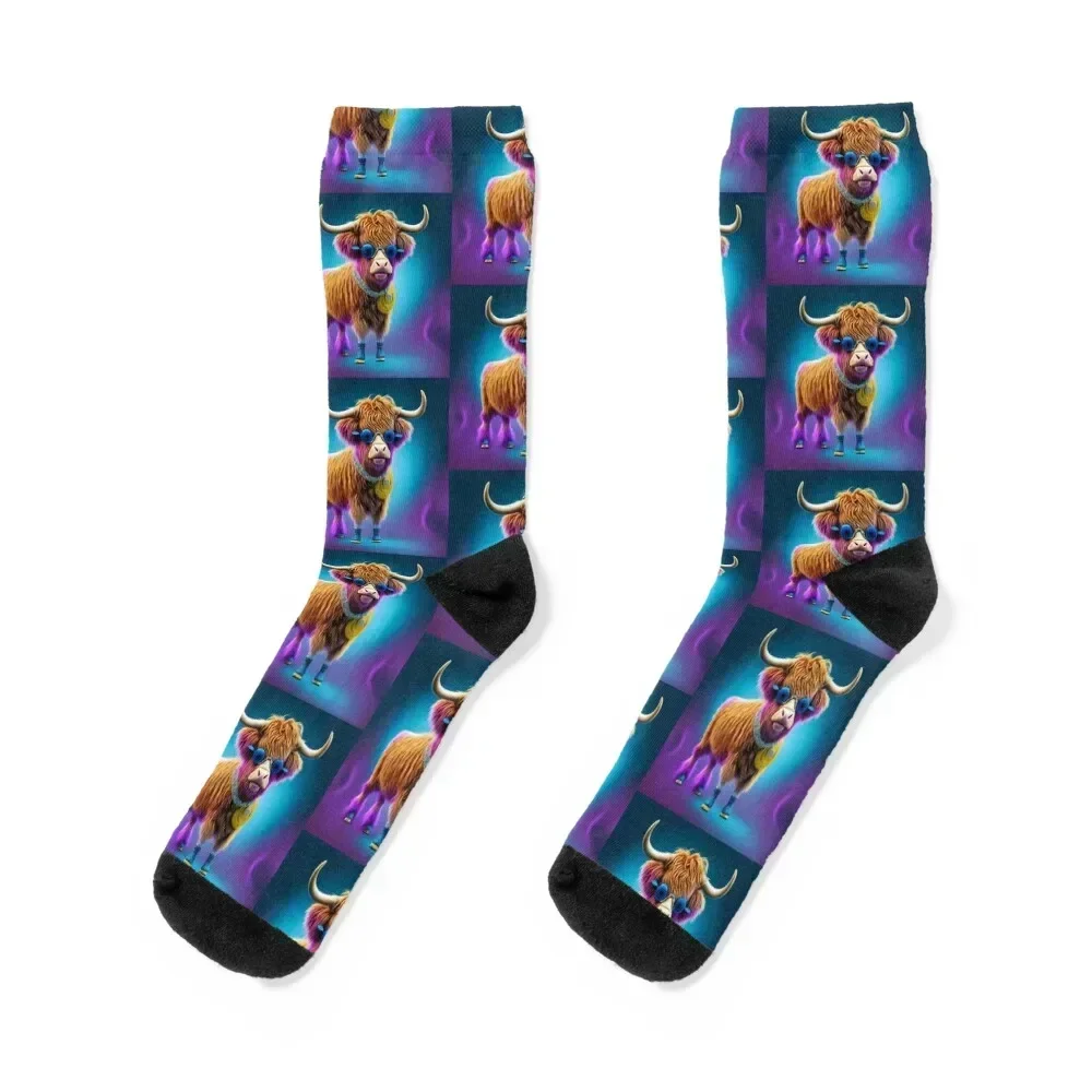 Funny Disco Highland Cattle Socks New year's colored Man Socks Women's