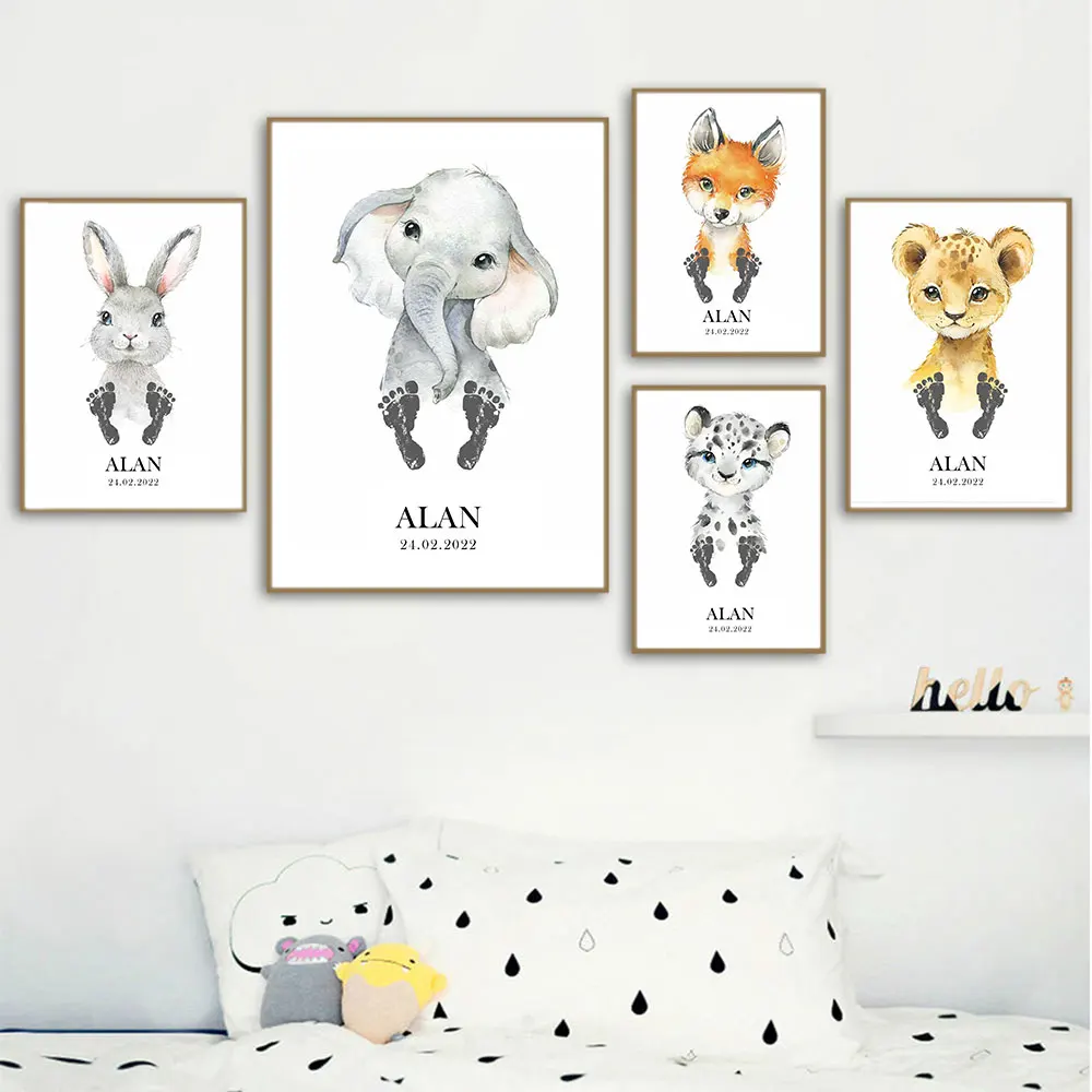 

Baby Footprint Personalized Poster Animals Rabbit Hedgehog Children's Room Decoration Picture Canvas Art Print Wall Art Painting
