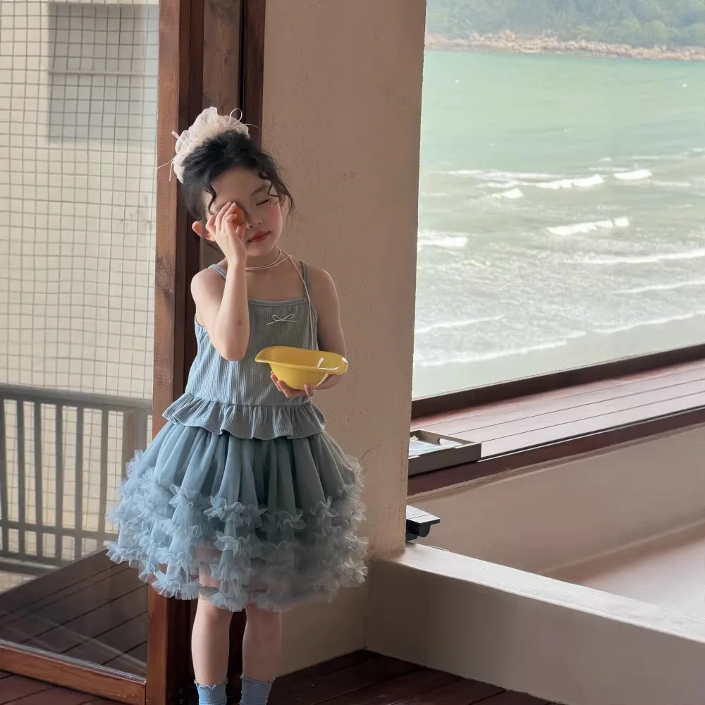 Girls Summer Outfit New Girls Baby Niche Temperament Suspender Bow Blue Top Puffy Skirt Two Piece Set Trendy