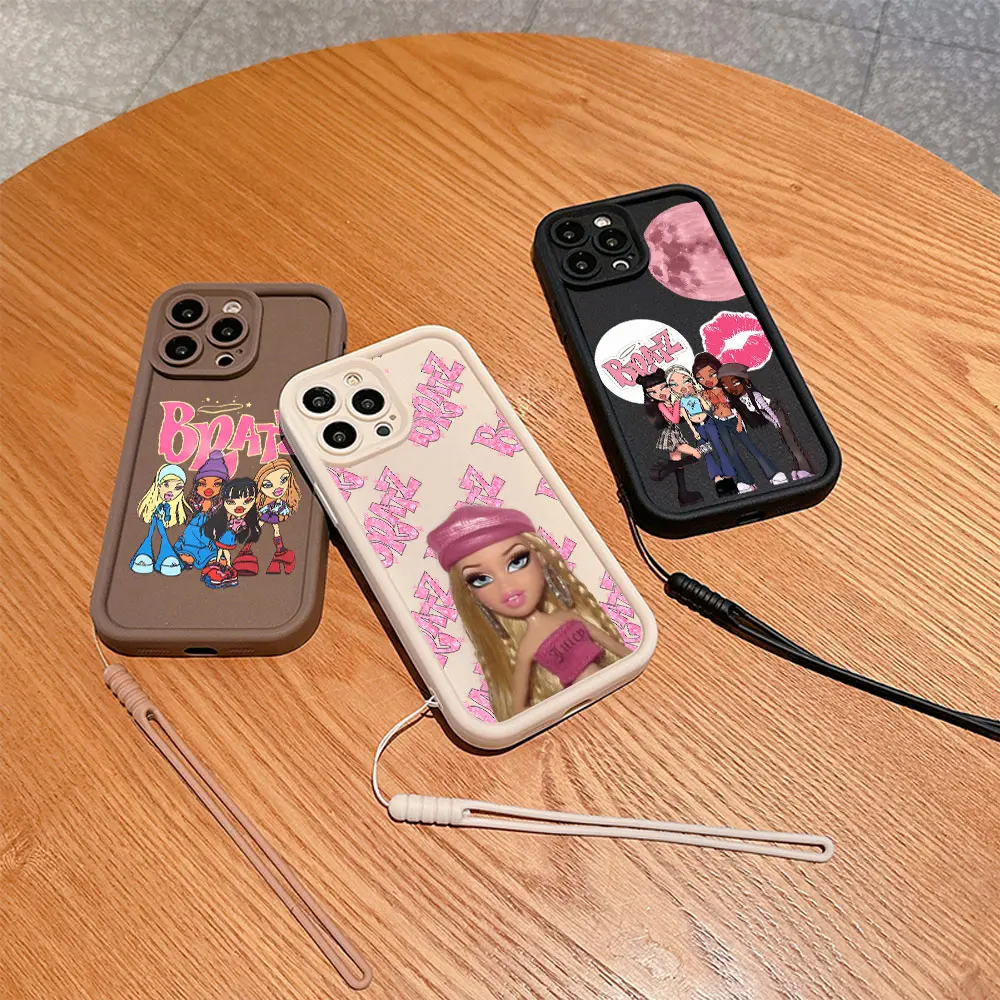 Cute Girl Bratzs Doll Phone Case for IPhone 15 14 13 12 11 Pro Max Mini XR XS X 7 8 Plus Soft TPU Back Cover With Hand Strap