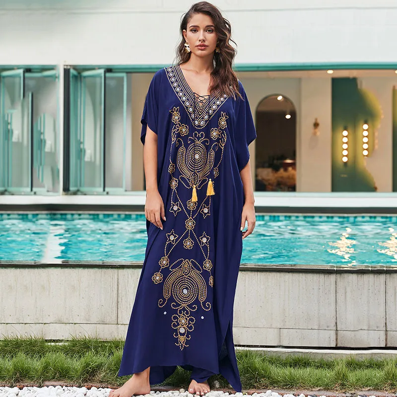 قفطان مطرز باللون الكحلي للنساء ، سترة للشاطئ ، غطاء للبيكيني ، ضمادات فضفاضة ، رقبة على شكل حرف V ، ملابس سباحة ، سترة رشيق ، ملابس شاطئ