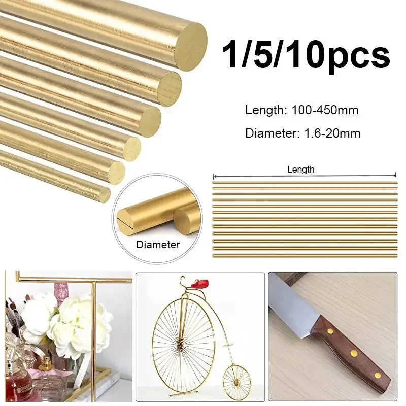 1/5/10pcs Brass Round Bar 100-500mm for DIY Knife Handle, Model Making, Wire and Tube Craft