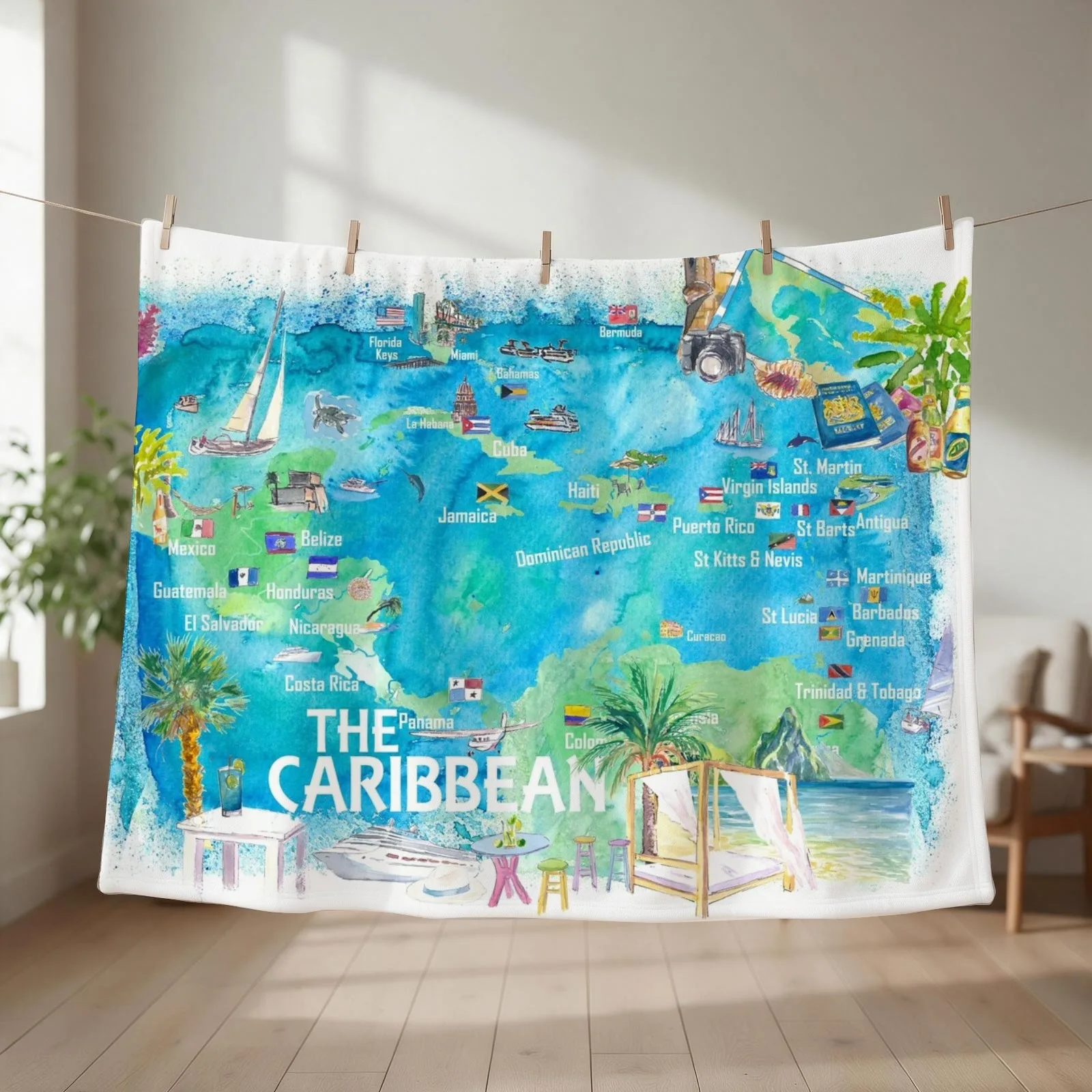 Eastern and Western Caribbean Illustrated Travel Map with Landmarks Highlights and Impressions Throw Blanket Hairys Blankets