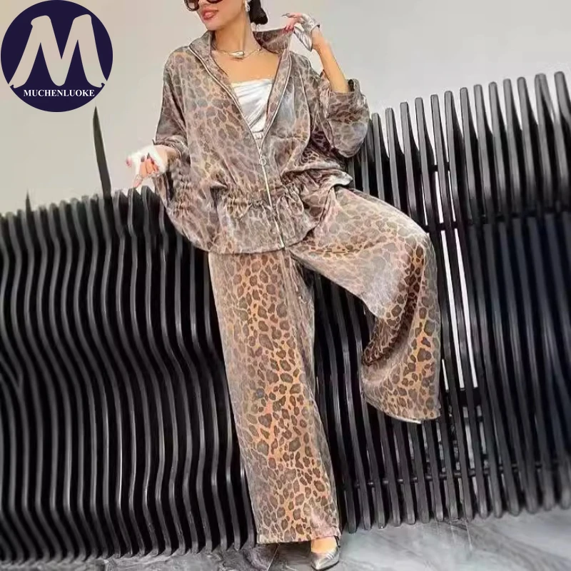 2-teiliges Damen-Set mit Leopardenmuster, langärmligen Reversmänteln und weiten Hosen, lässige, lockere Passform, Frühlings- und Herbstmode
