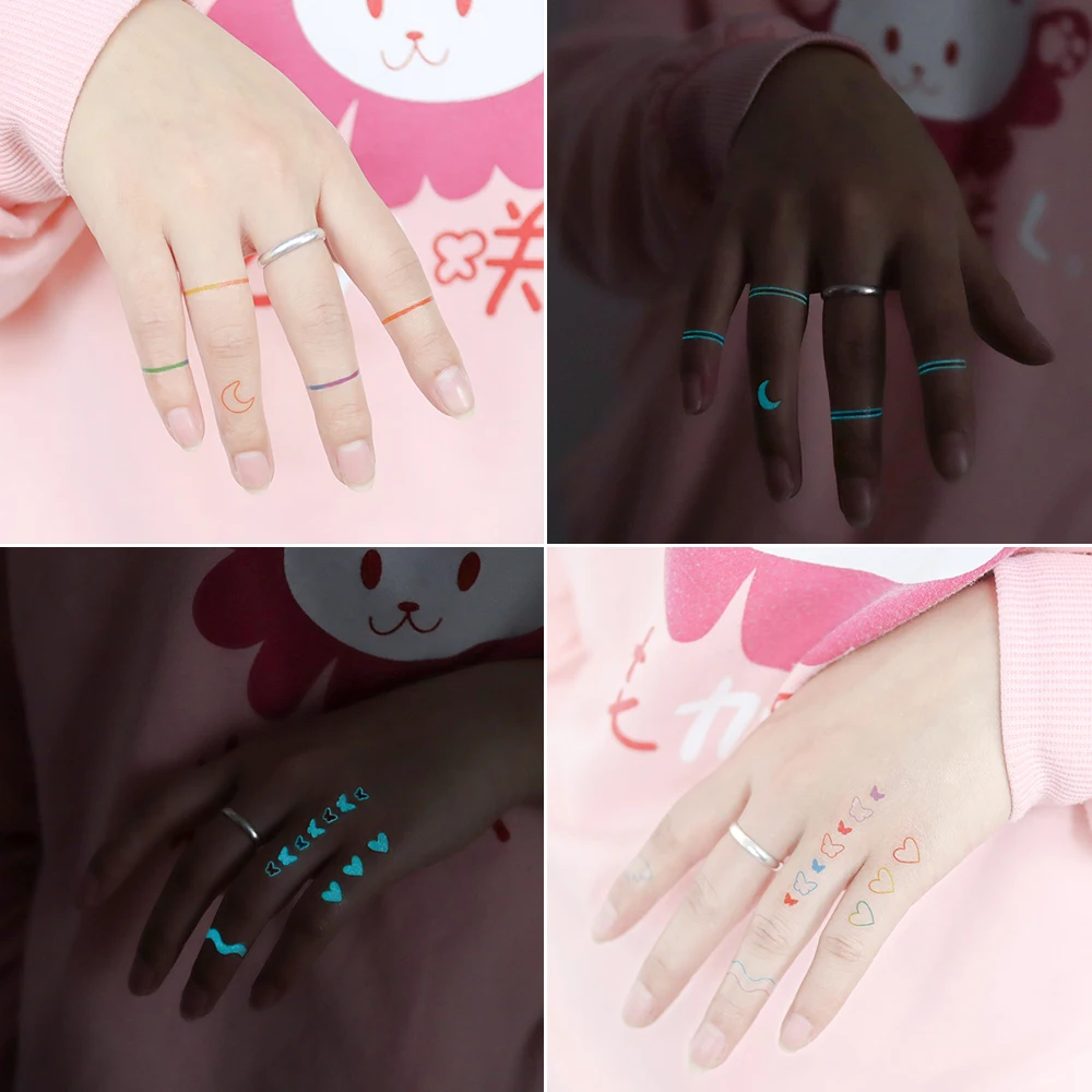 Blue Luminous Glow Tattoo Sticker Cute Geometry Waterproof Temporary Tatoo Small Finger Wrist Fake Tatto For Body Art Women Men