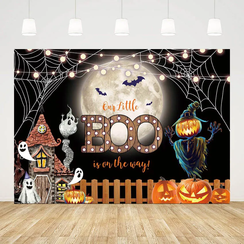 Mehofond Halloween BOO Backdrop for Baby Shower Portrait Castle Ghost Pumpkin Spider Bat Decor Photography Background Photozone