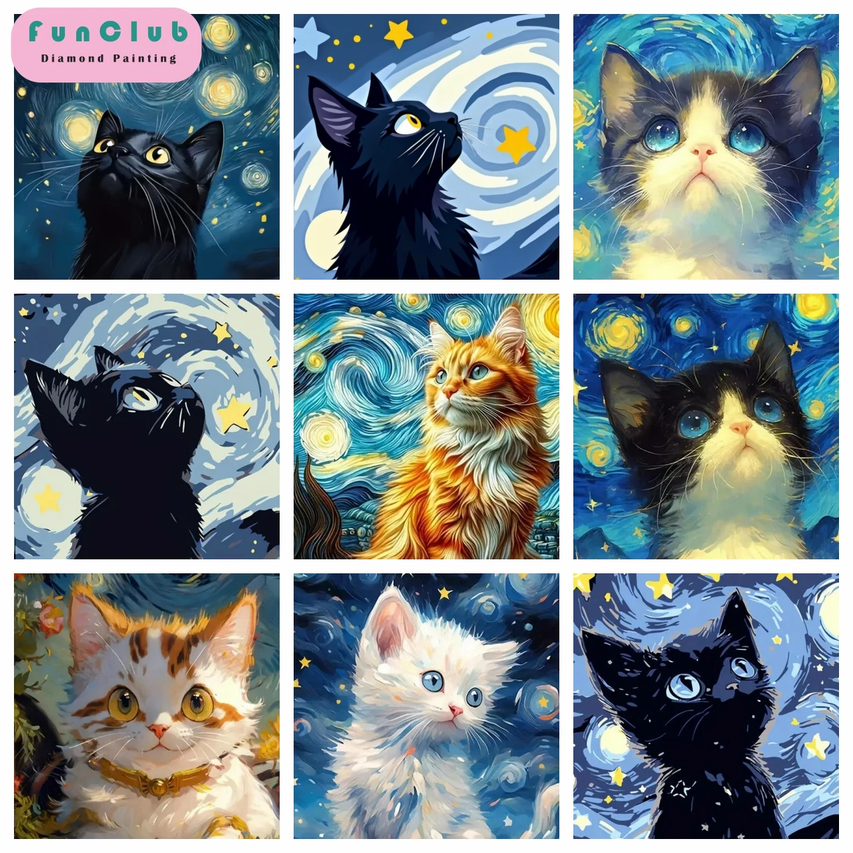 Cartoon Cat Night Sky DIY Diamond Painting Kits Animal Van Gogh Starry Night Cute Kitty Embroidery Handmade Hobby Decor Kid Gift