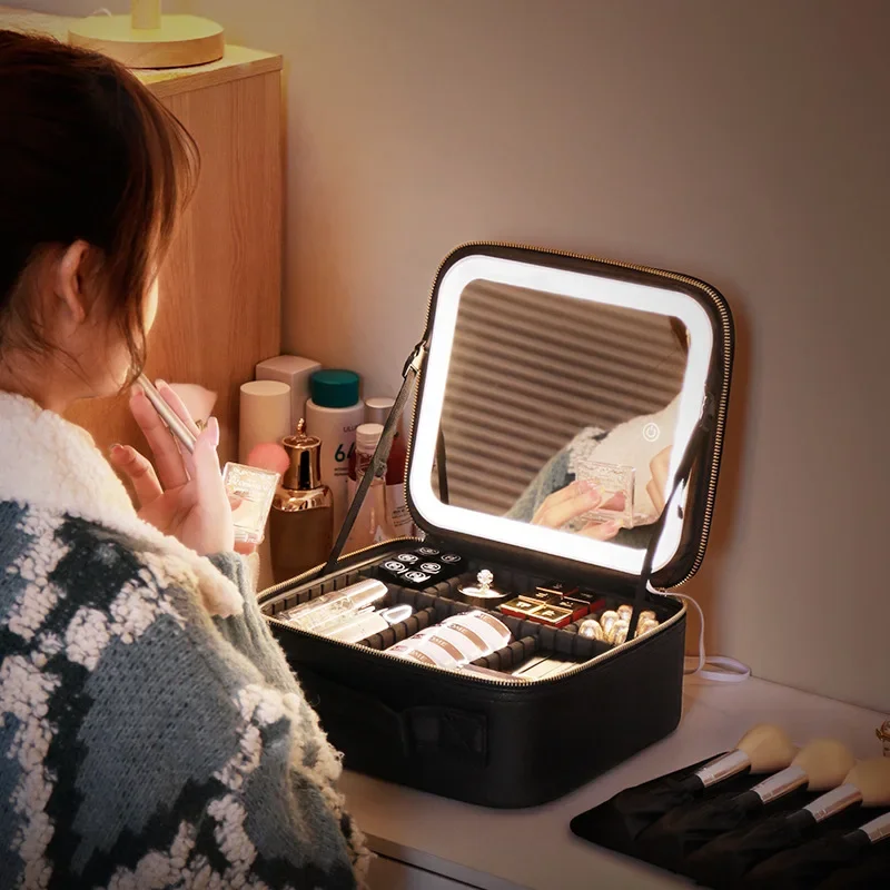 

With Mirror with LED Light Cosmetic Bag Female Portable Business Trip Cosmetic Storage Bag Skin Care Product Storage Box