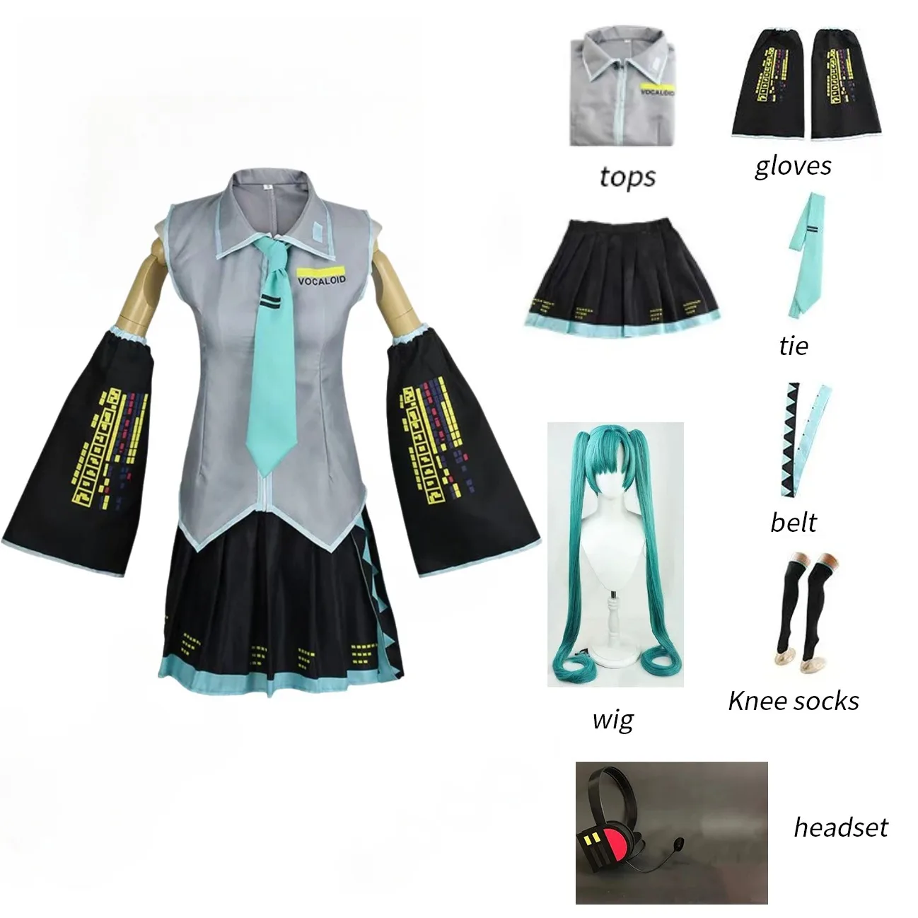 アニメボーカロイドミクコスプレ衣装フルセット（トップス、スカート、手袋、ネクタイ、ウィッグ、ソックス、ヘッドセット付き）ハロウィンアニメコンベンション用