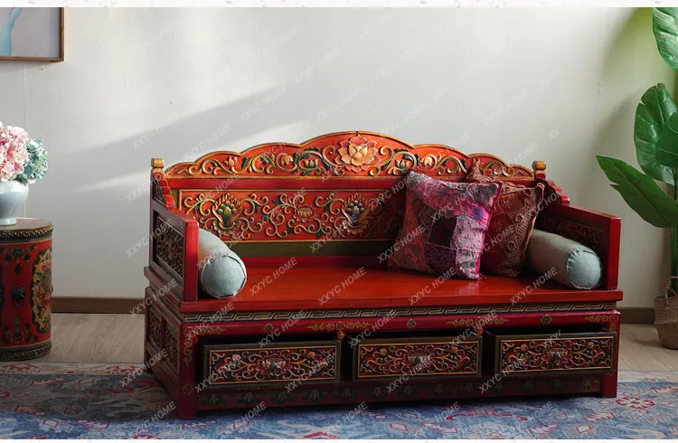 

Solid wood carving flower sofa bed Painted Arhat bed B & B furniture
