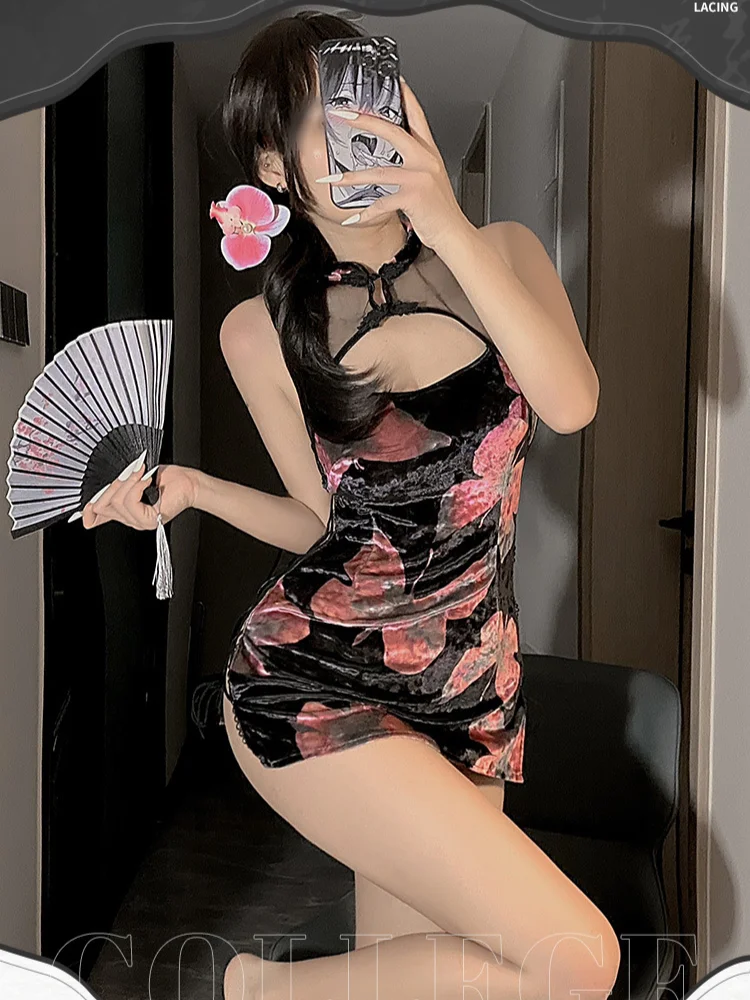 Gaun Qipao berenda seksi ukuran besar 4XL gaun Cheongsam tradisional Tiongkok gaun Mini seksi erotis ramping piyama perban seks