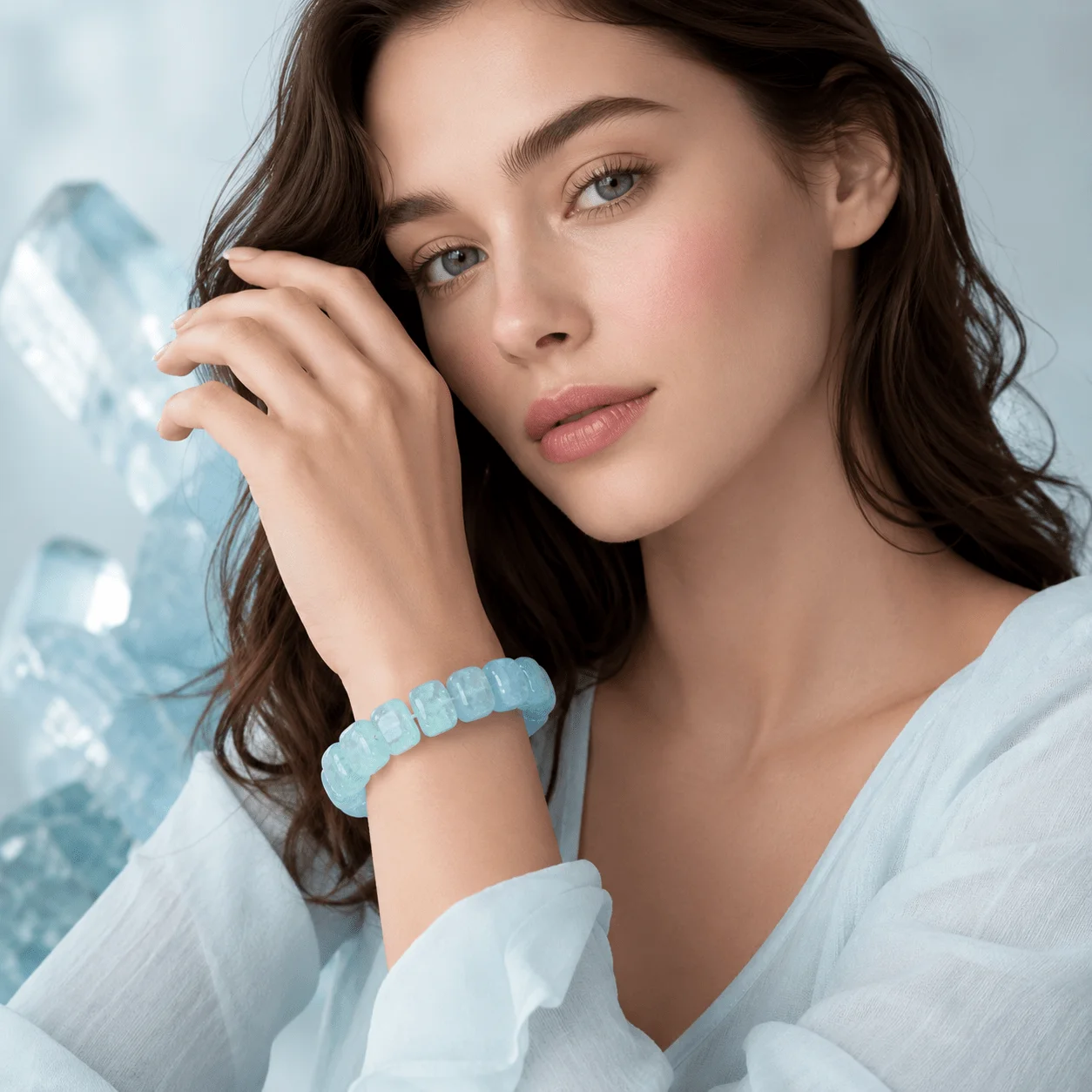 Light Blue Bead Stretch Bracelet, Glossy Ice Crack Square Beads, Sea Inspired Elastic Wristband Jewelry for Summer Vacation