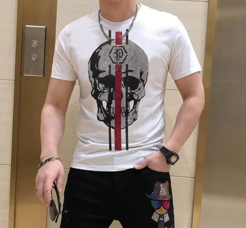 Camiseta con estampado de calaveras para hombre, ropa de calle masculina con diamantes de imitación, de verano, informal, de anime, a la moda, S-6XL