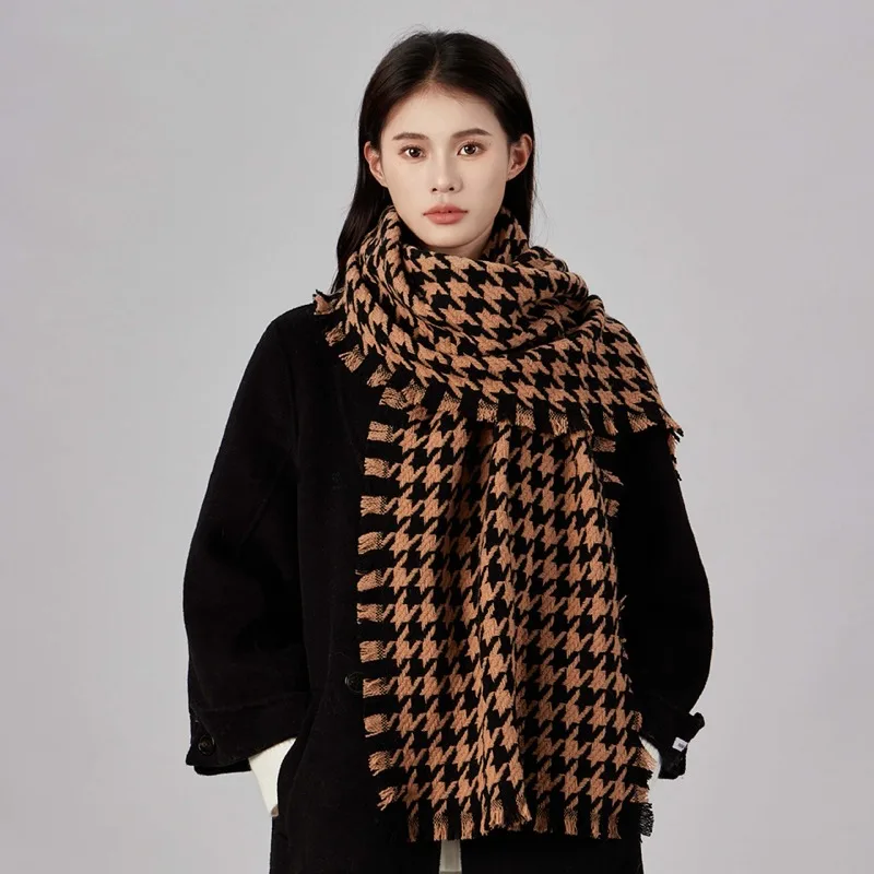 New 100% Wool Houndstooth Scarf Women Winter Warm Soft Thick Shawl Wrap Pashmina Long Neckerchief Elegant Classic Poncho Scarves
