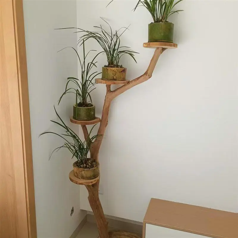 Tree-shaped flower stand b Solid wood log living room floor-to-ceiling balcony shelf Succulent green dill flower stand Multi-lay