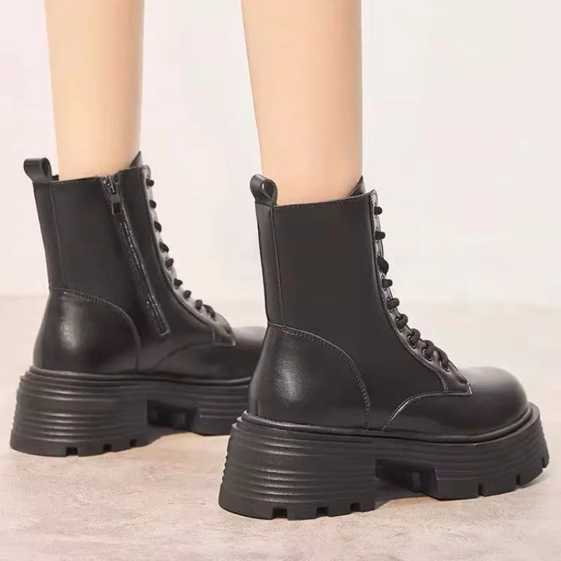 Autumn Winter Black Platform Boots Women Fashion Lace Up Zipper Ankle Boots Woman Punk Thick Heel Pu Leather Botas Mujer