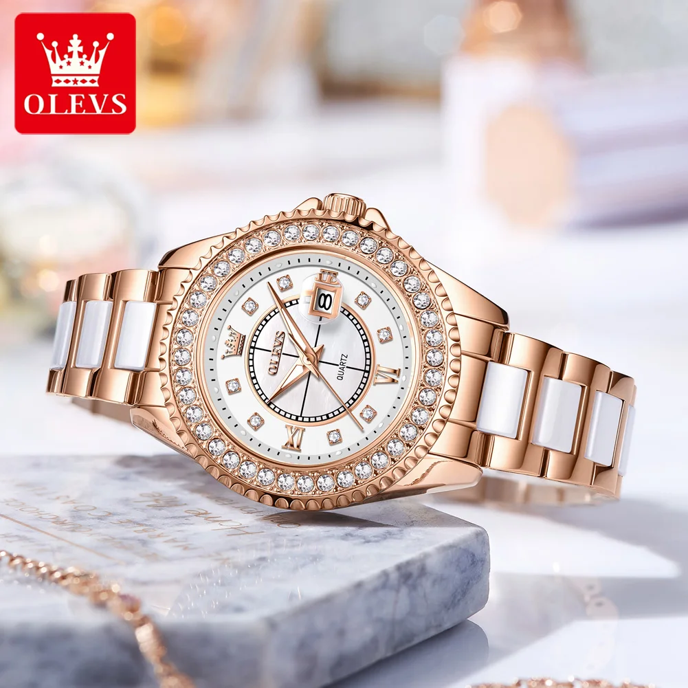 OLEVS 3685 Women Watch Original Elegant Quartz Watch Waterproof Luminous Steel And Ceramic Bracelet Date Watches For Women Gifts