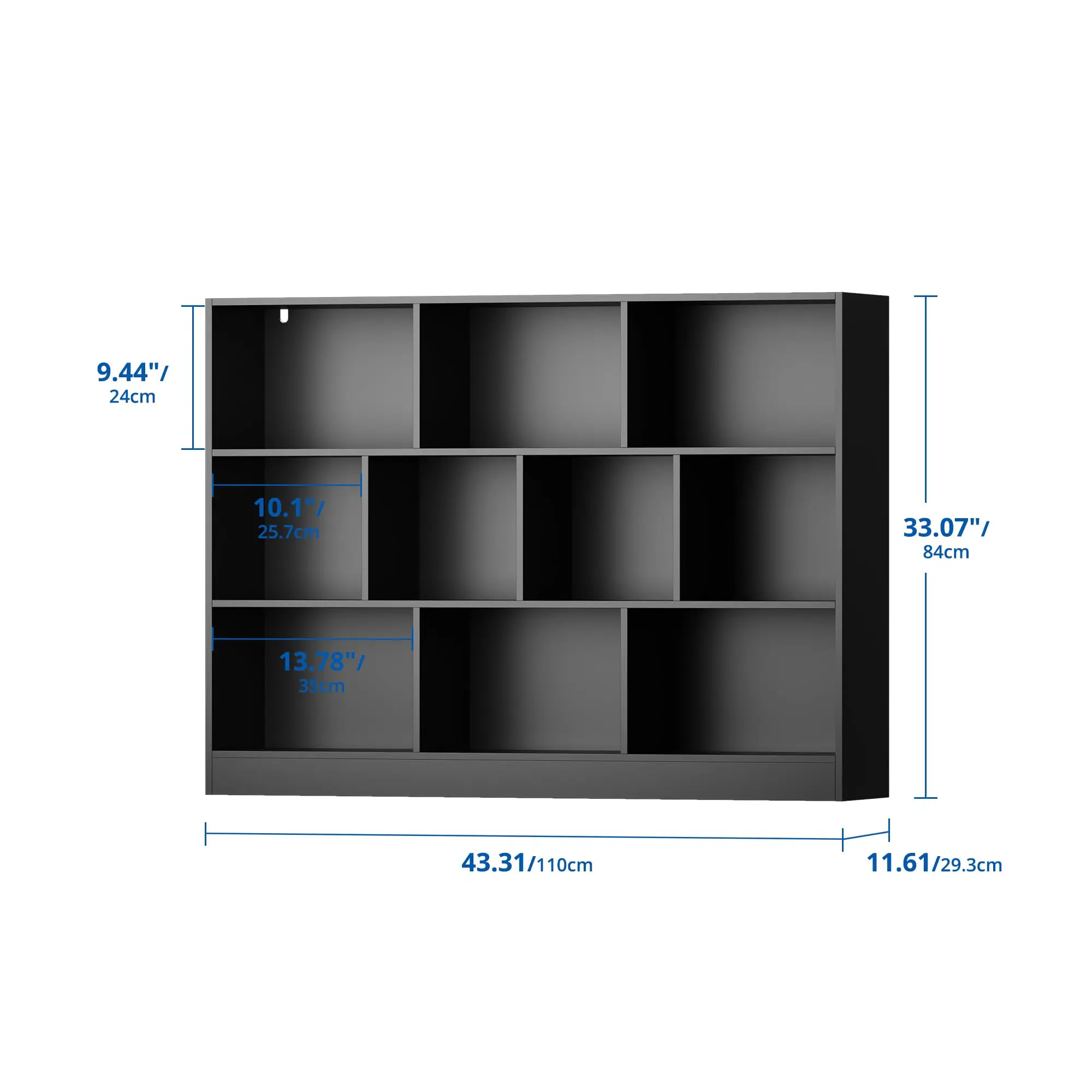Black Bookshelf, 3-Tier Open Shelf Bookcase, 10 Cube Storage Organizer with Anti-Tilt Device, Freestanding Horizontal