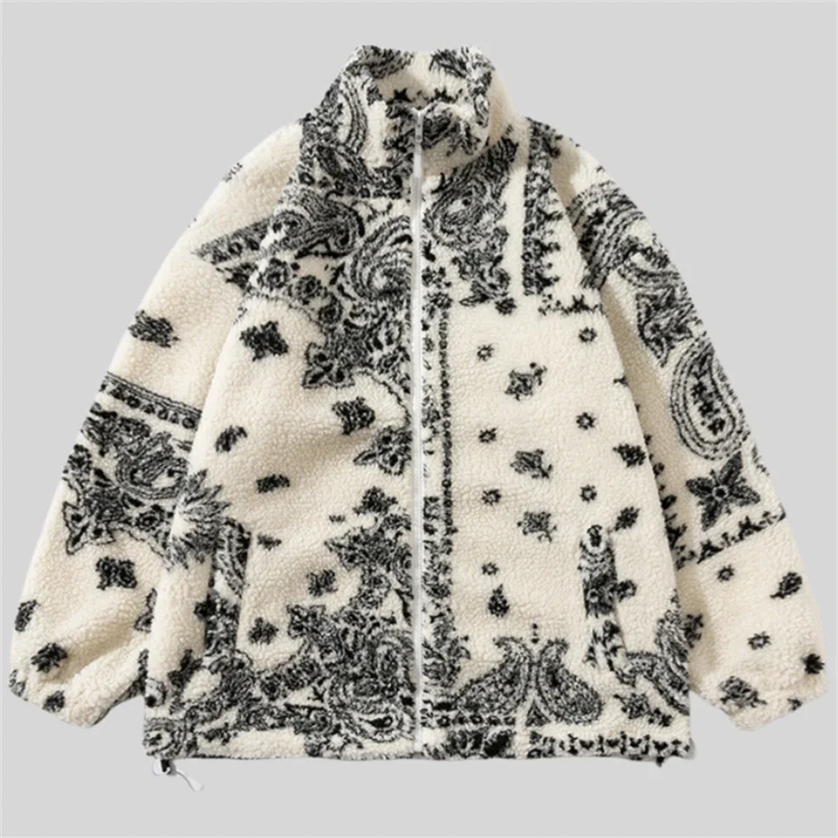 Winter Fuzzy Lamb Fleece Jacket Streetwear Hip Hop Argyle Paisley Print Fluffy Plush Warm Coats Autumn Harajuku Casual Jackets