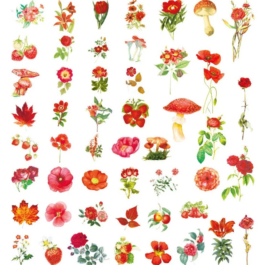 100pcs Colorful Red Flower Style PVC Sticker Tag Card Set Scrapbooking DIY Gift Decoration