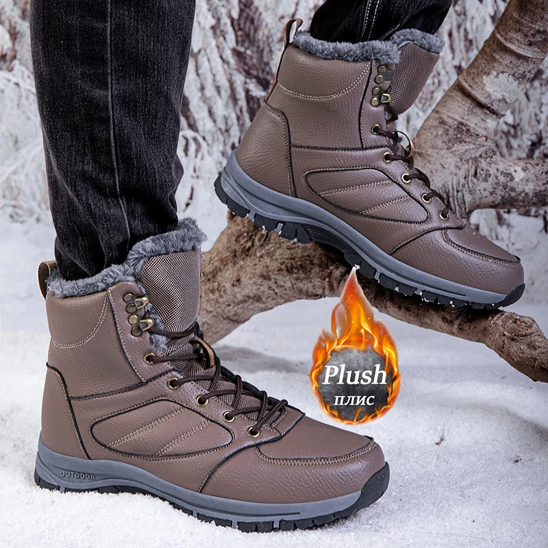 Men Winter Snow Boots For Waterproof Leather Sneakers Super Warm Men\'s Boots Outdoor Male Hiking Boots Work Shoes Big Size 39-48