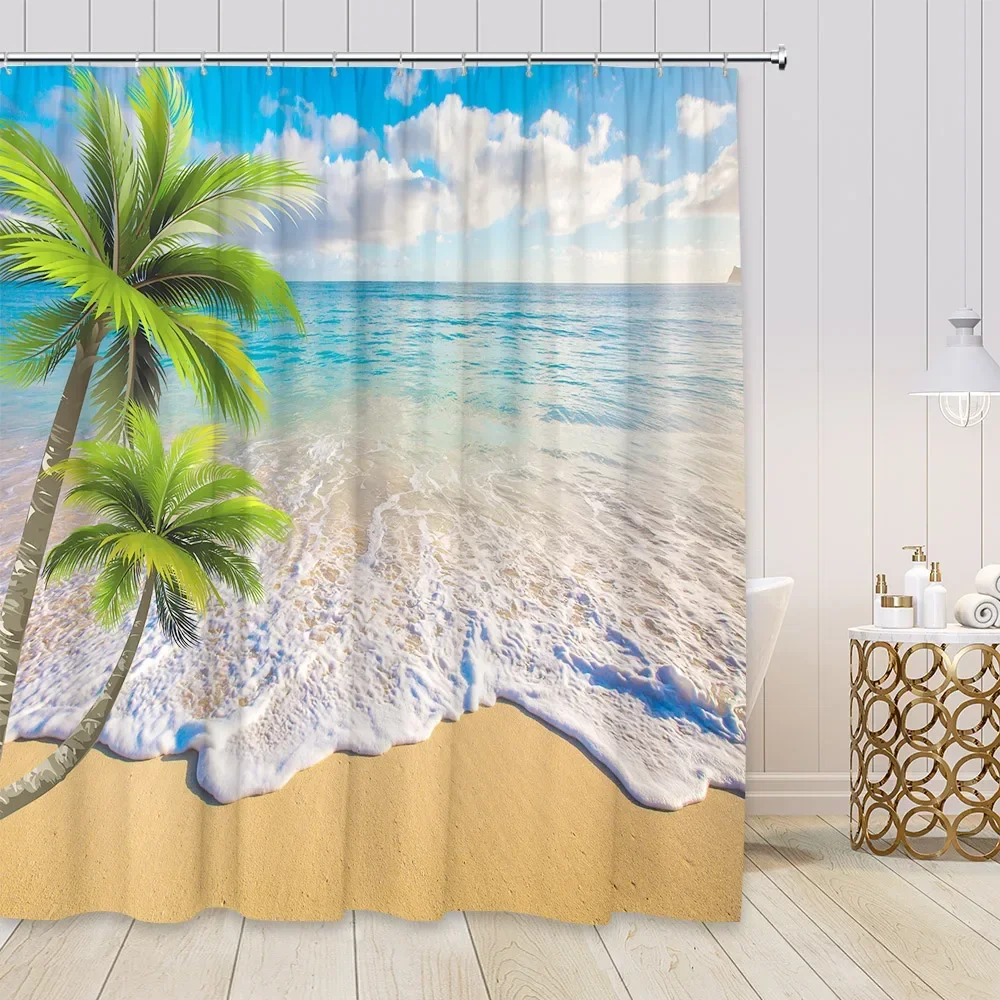 Ocean Palm Trees Shower Curtain Beach Shell Conch Tropical Hawaii Natural Scenery Polyester Fabric Bathroom Decor Set with Hooks