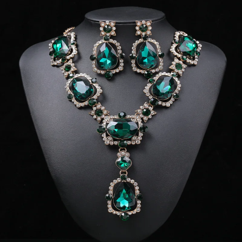 Luxury Big Rhinestone Bridal Jewelry Sets for Women Geometric Crystal Pendant Necklaces Earrings Set Wedding Costume Jewelry Set