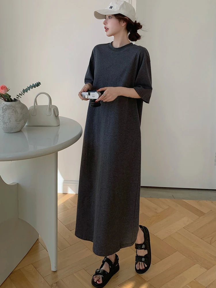 NYFS 2025 فستان صيفي فضفاض مقاس كبير فساتين طويلة متينة على الطراز الكوري رداء Elbise فستان نسائي بأكمام قصيرة