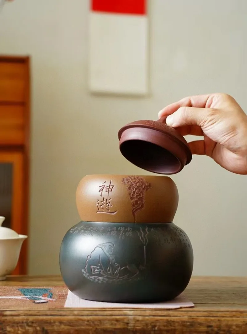 gourd tea can, large sealed can, high-end waking tea can, two-color double-layer, hand-carved storage tank
