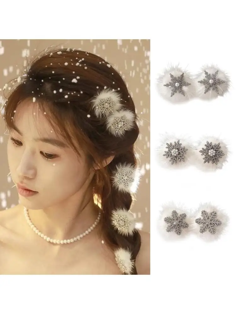 39BD Pearls Hair Clip Snowflake Blingbling Rhinestones Balletcore Clip for Lady