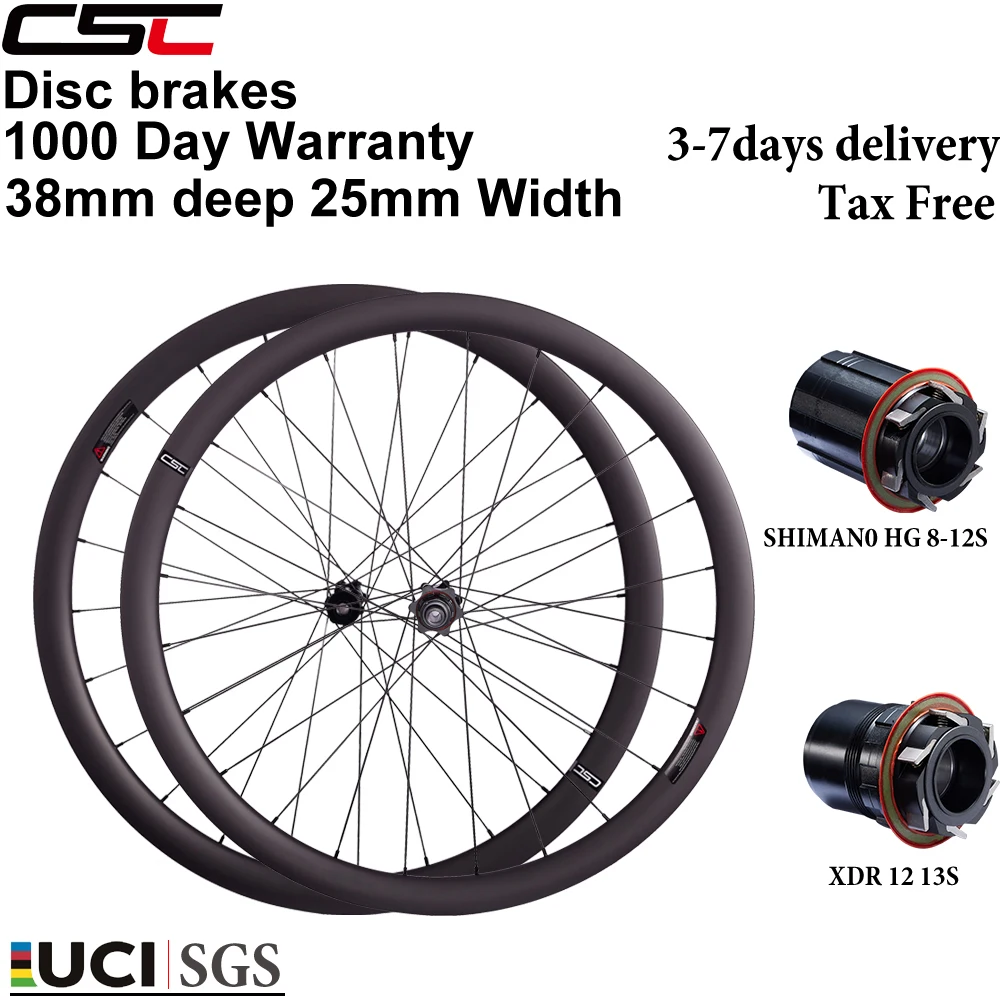 Jeu de roues en carbone pour vélo de route CSC 700C, frein à disque céramique, Center Lock, 38 mm de profondeur, 25 mm de largeur, pour vélo de cyclocross