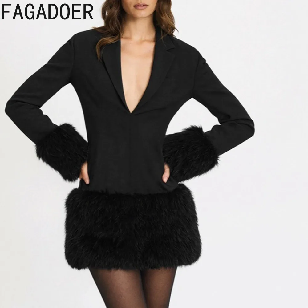 FAGADOER Winter New Sexy Fur Patchwork Bodycon Dresses Woman  Solid Color Deep V-neck Long Sleeves Dress Female Party Clubwear