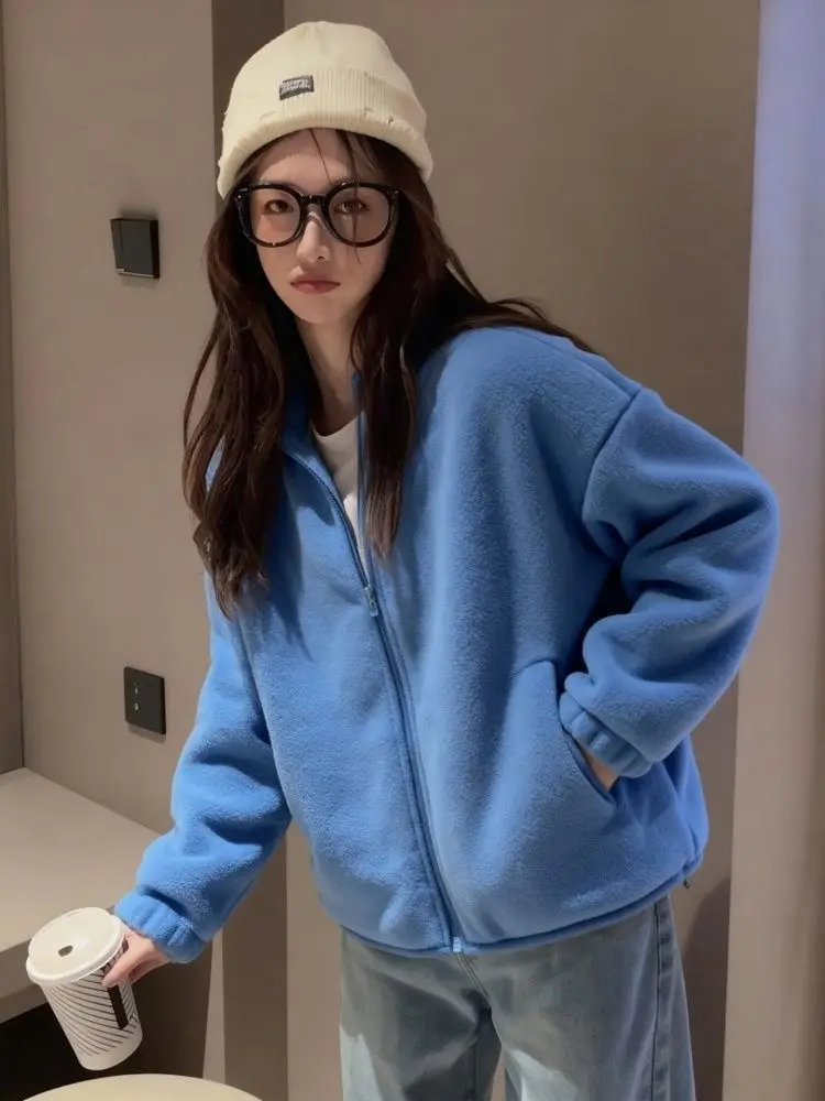 

plus Size Women's Thiened Zipper Hoodl Fce Jaet Blue Faionable Sweatirt Loose Fit Autumn Winter Outerwear