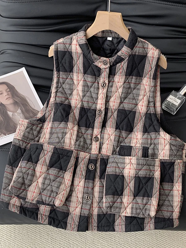 

Retro Cotton Padded Plaid Coat Viscose Svel Warmth Outerwear for Women Winter New Sle Loose Slimming Layering Vest