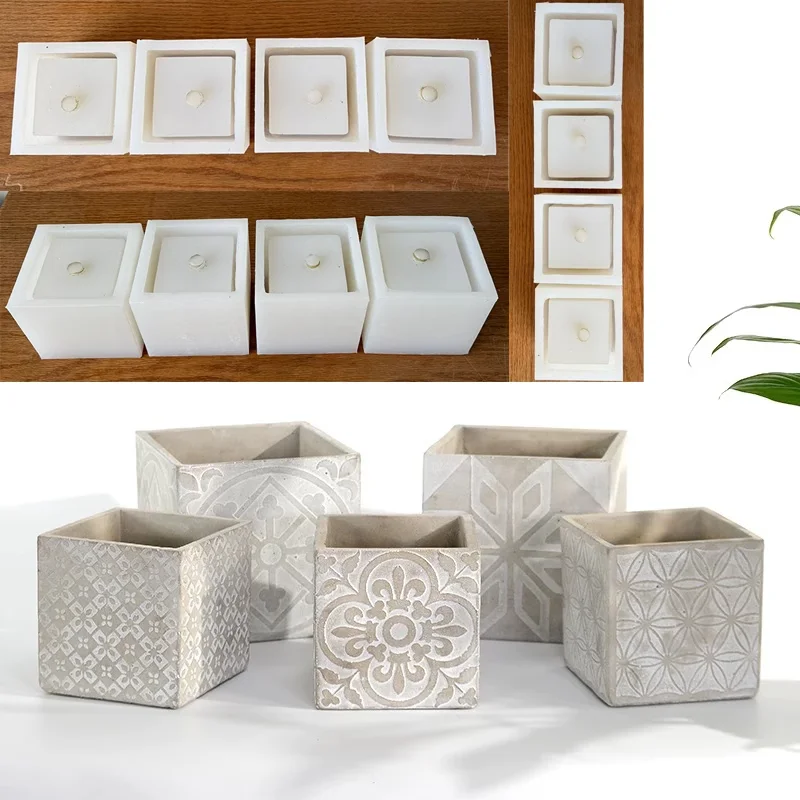 

Silicone Mold For Concrete Flowerpot，Embossed Pattern ，11cm And 14cm Square Pot，Suitable for cement, Jesmonite DIY Mould