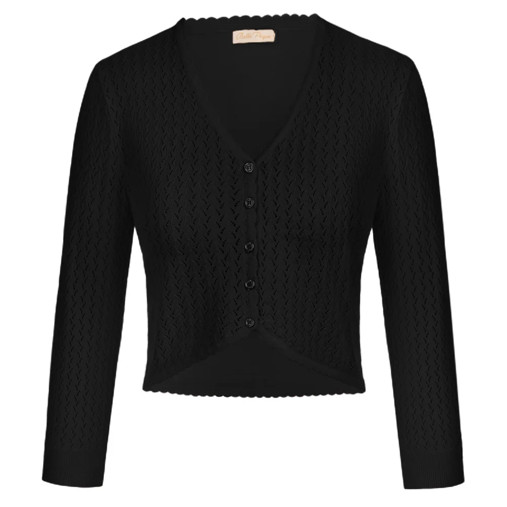 BP Women Hollowed-Out Textured Cardigan 3/4 Sleeve V-Neck Button-Up Cropped Knitwear Ribbed Cropped Sweaters