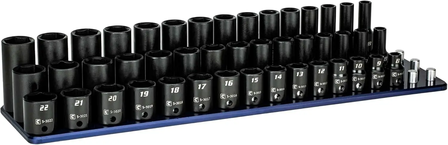 

45-Piece Metric Impact Socket Set with Aluminum Rail, 3/8" Drive Shallow to Deep Sizes 8-22mm
